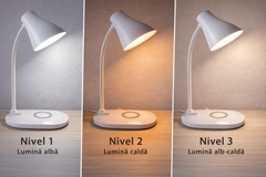 Lampă de birou LED cu încărcare wireless albă – iluminare practică pentru birou și noptieră Powersale