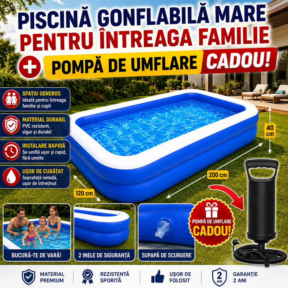 Piscină Gonflabilă Mare pentru Familie 200 x 120 x 40 cm + Pompă de Umflare CADOU | PVC Rezistent, 2 Inele de Siguranță Powersale