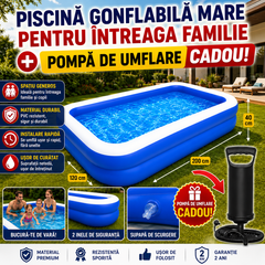 Piscină Gonflabilă Mare pentru Familie 200 x 120 x 40 cm + Pompă de Umflare CADOU | PVC Rezistent, 2 Inele de Siguranță Powersale