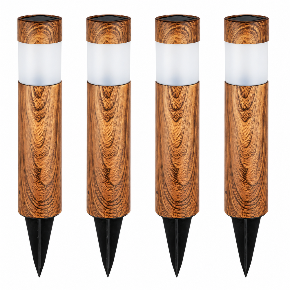 Set 4 Lampi Solare LED pentru Gradina si Alei, Aspect Lemn Natural, Aprindere Automata, Rezistente la Intemperii, Lumina Alba Calda BoomSale