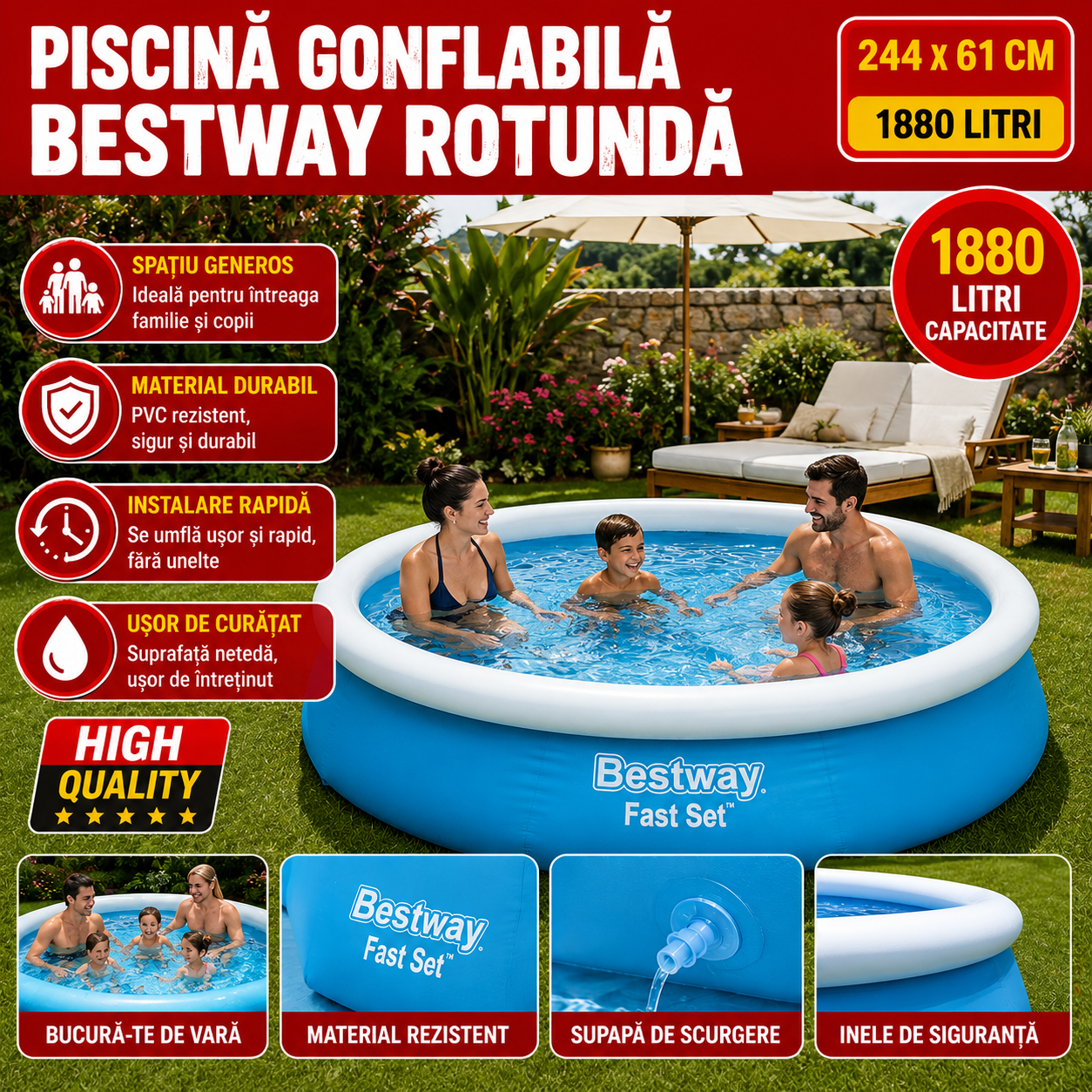 Piscina Gonflabila Bestway Fast Set Rotunda 244 x 61 cm, Capacitate 1880 Litri, Montaj Rapid, Albastra Powersale