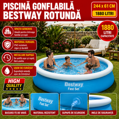 Piscina Gonflabila Bestway Fast Set Rotunda 244 x 61 cm, Capacitate 1880 Litri, Montaj Rapid, Albastra Powersale