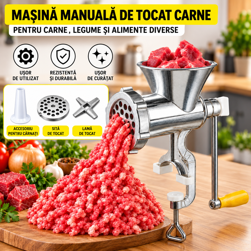 Mașină de Tocat Carne Manuală din Aluminiu, cu Prindere pe Masă, Manivelă, Sită, Cuțit și Accesoriu pentru Cârnați, Argintiu PromotiiZilnice
