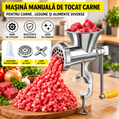 Mașină de Tocat Carne Manuală din Aluminiu, cu Prindere pe Masă, Manivelă, Sită, Cuțit și Accesoriu pentru Cârnați, Argintiu PromotiiZilnice