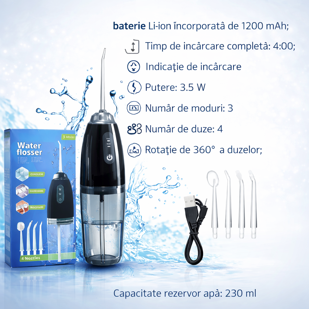Irigator Oral Portabil cu Incarcare USB si 4 Capete, Negru PromotiiZilnice