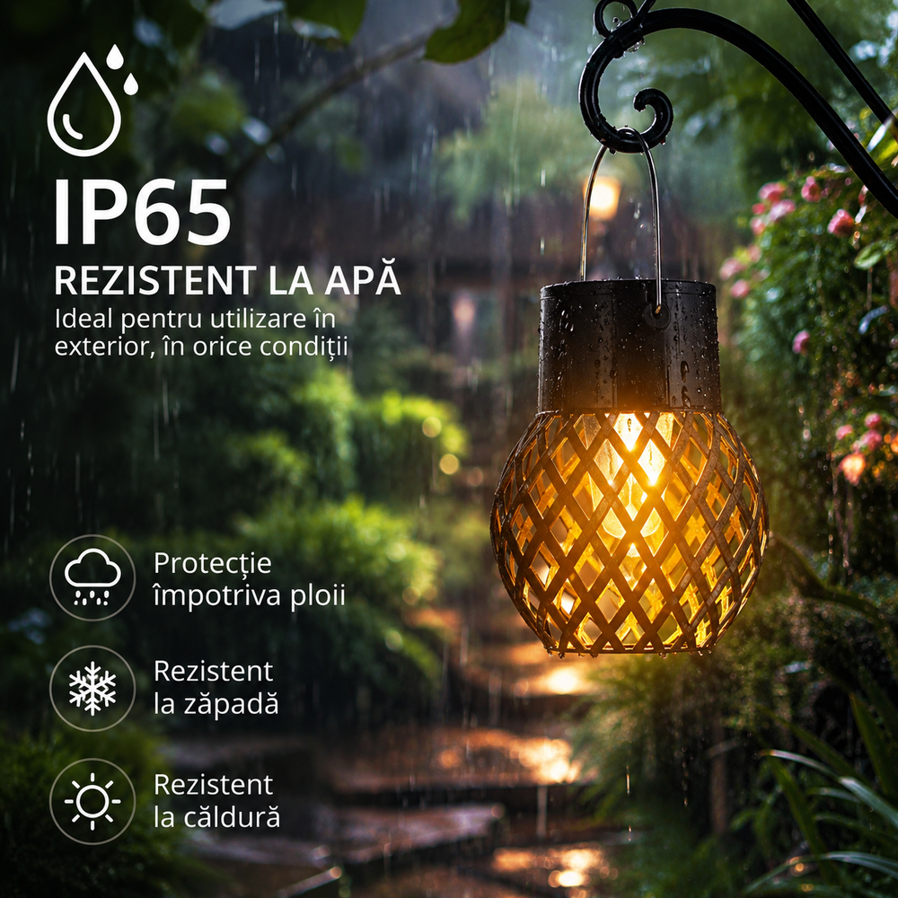 Set 4 Lampi Solare Suspendate cu Efect Flacara, Waterproof IP65, Iluminat Decorativ pentru Gradina, Terasa si Copaci Powersale