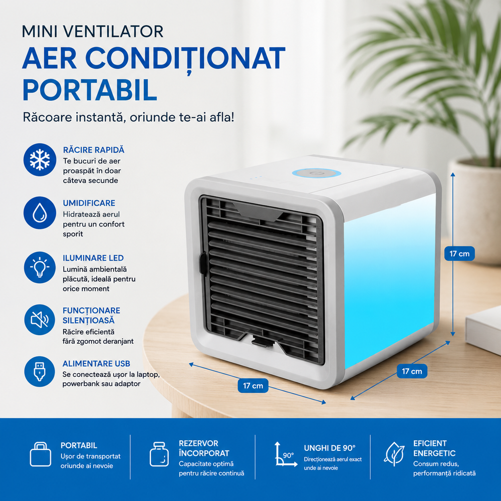 Set 2 Bucăți Mini Răcitor de Aer Portabil Arctic Air Cooler, Umidificare și Purificare Aer, Alimentare USB, LED 7 Culori PromotiiZilnice