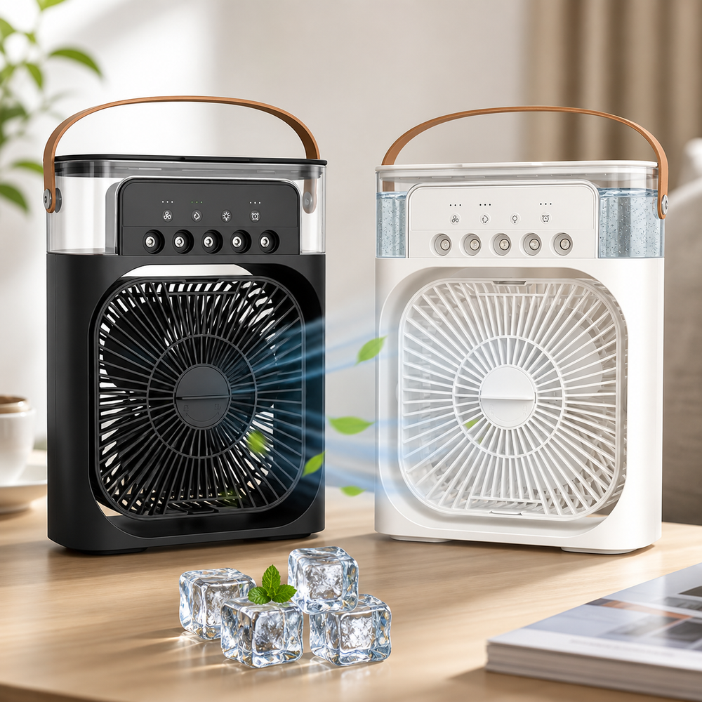 Mini Ventilator Portabil 3 în 1 cu Răcire Aer, Umidificator și Purificator, Rezervor 600ml, Iluminare RGB 7 Culori, 3 Trepte de Viteză, USB – Ideal pentru Birou, Dormitor și Camping PromotiiZilnice