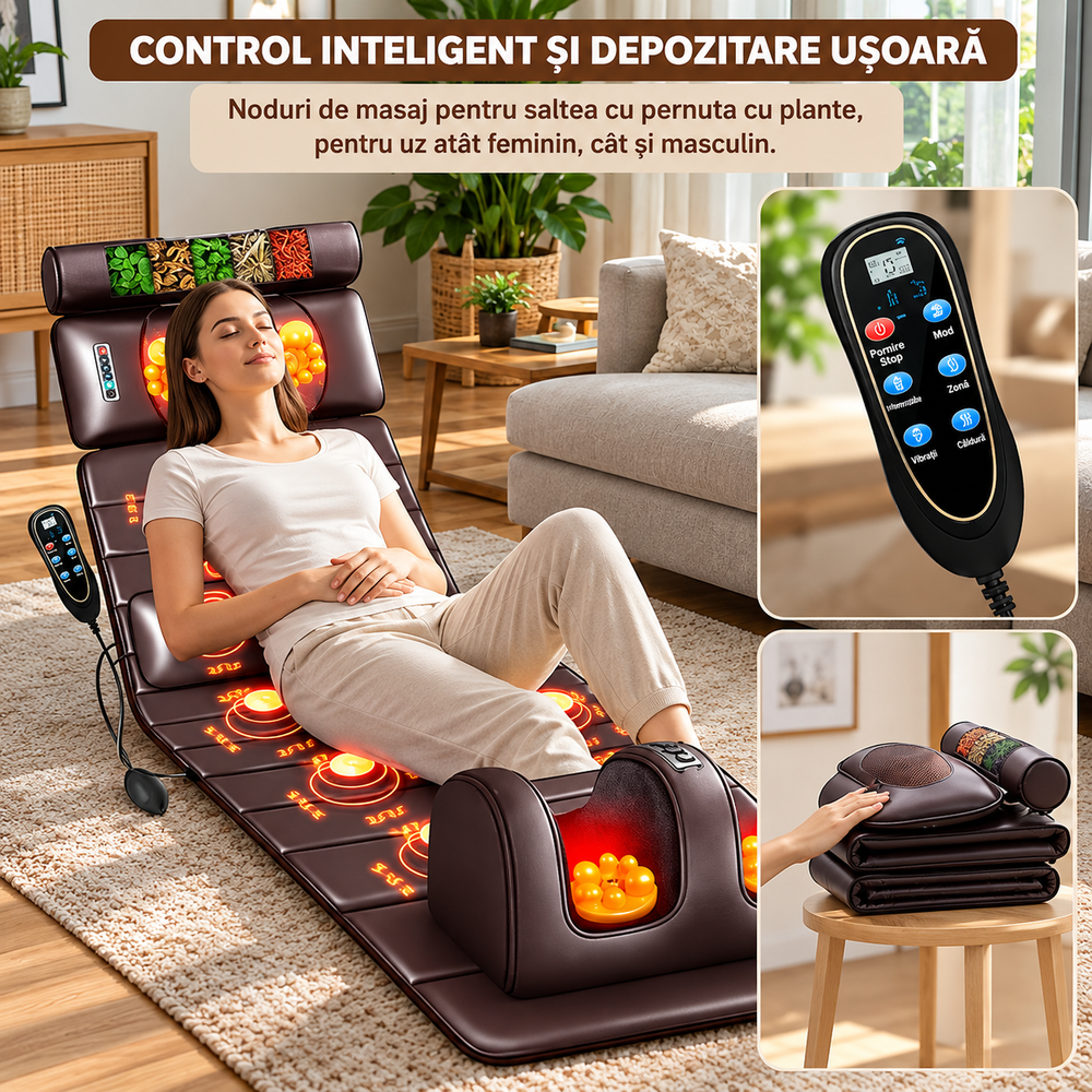 Saltea de Masaj Corporal 5 în 1, cu Încălzire, Shiatsu, Vibrații, Tracțiune cu Aer, 20 Noduri Cervicale, 24 Noduri pentru Picioare, Pliabilă PromotiiZilnice