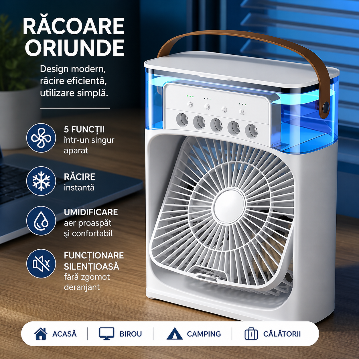 Mini Ventilator Portabil 3 în 1 cu Răcire Aer, Umidificator și Purificator, Rezervor 600ml, Iluminare RGB 7 Culori, 3 Trepte de Viteză, USB – Ideal pentru Birou, Dormitor și Camping PromotiiZilnice