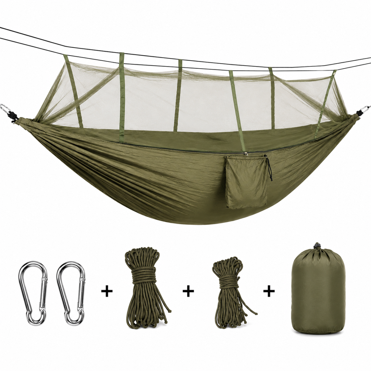 Hamac Camping cu Plasă Anti-Insecte 260x140 cm, Verde Kaki, Ultra Ușor, Portabil, cu Husă și Accesorii de Prindere Powersale