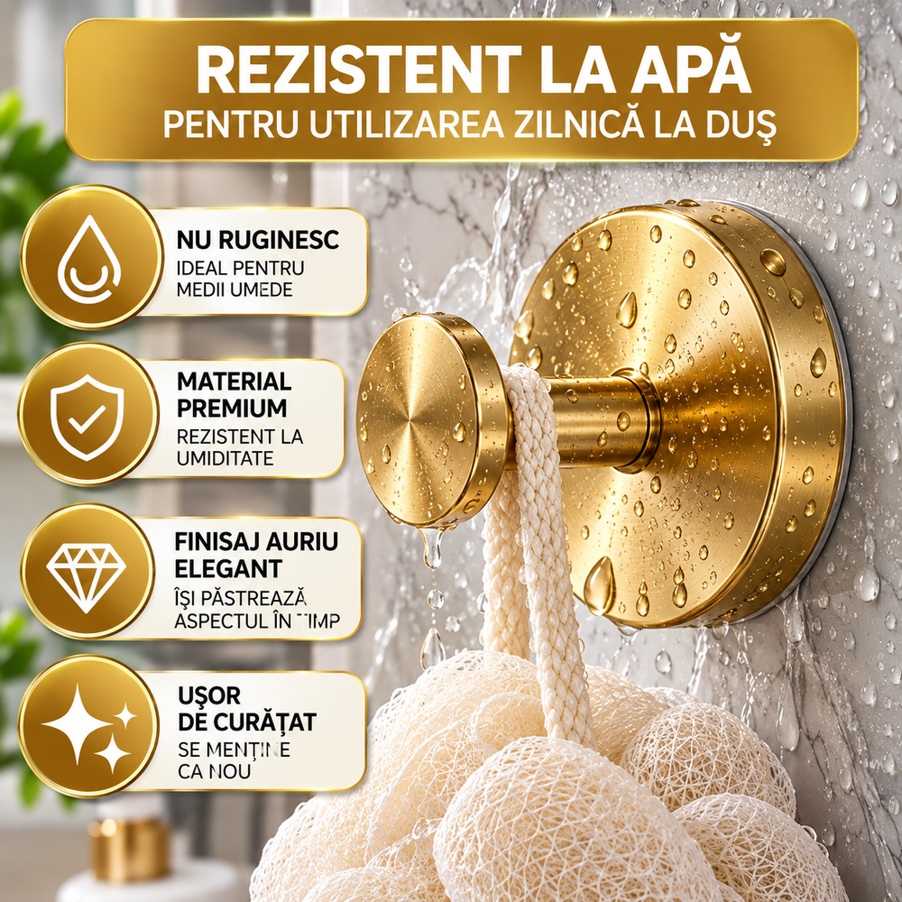 Set 2 Cârlige Aurii cu Ventuză, Fără Găurire, Rezistente la Apă, pentru Baie și Bucătărie Powersale