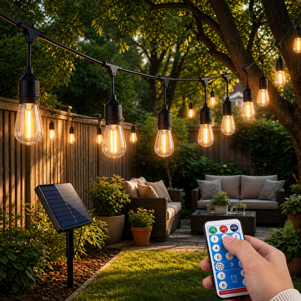 Ghirlanda solara exterior 25 metri cu 25 becuri LED E27, telecomanda, IP65 rezistenta la apa – instalatie luminoasa pentru gradina, terasa, balcon si evenimente Powersale