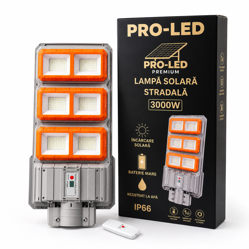 Pachet 2 Lampi Solare Stradale Premium LED 3000W IP66, Super Puternice, cu Telecomanda si Senzor de Miscare Powersale