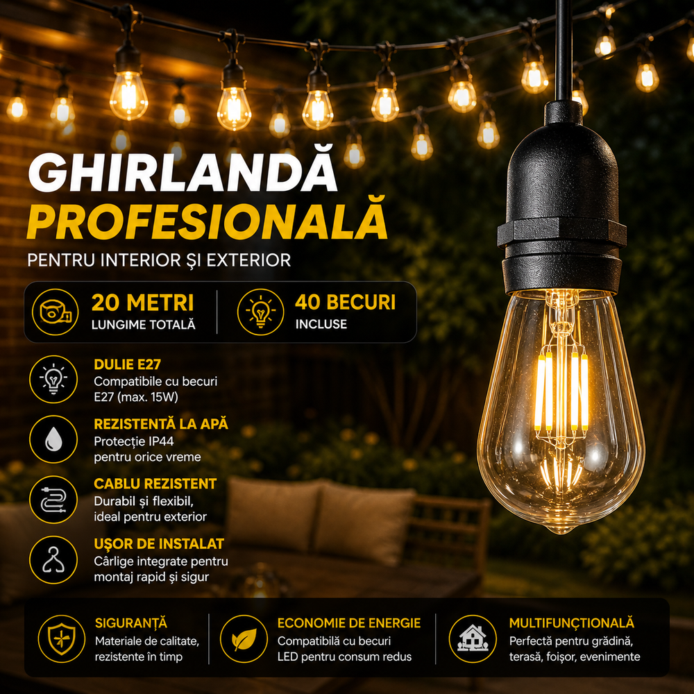 Ghirlandă LED 20 Metri cu 40 Becuri Filament E27, Impermeabilă IP65, Lumina Caldă, Exterior Terasă Grădină Powersale