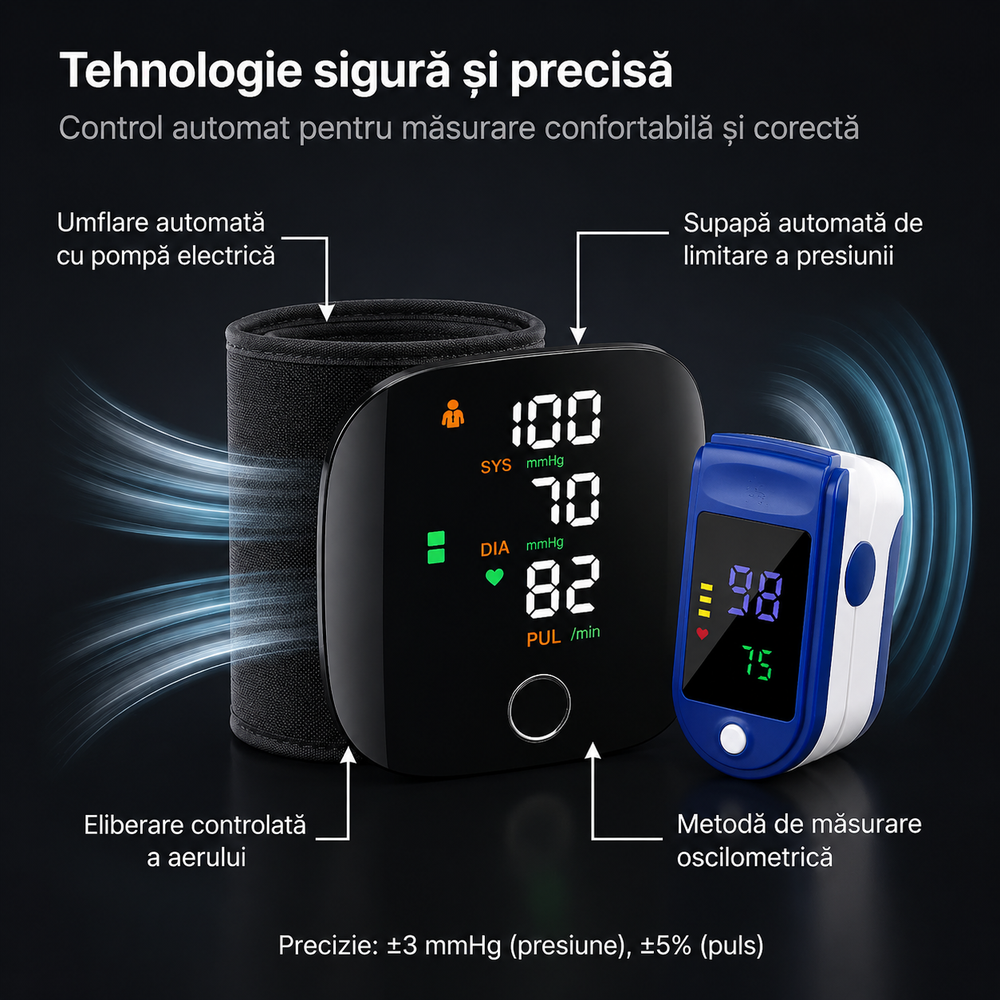Pachet Monitorizare Sanatate 2 in 1 – Tensiometru Digital de Incheietura + Pulsoximetru OLED Cadou PromotiiZilnice