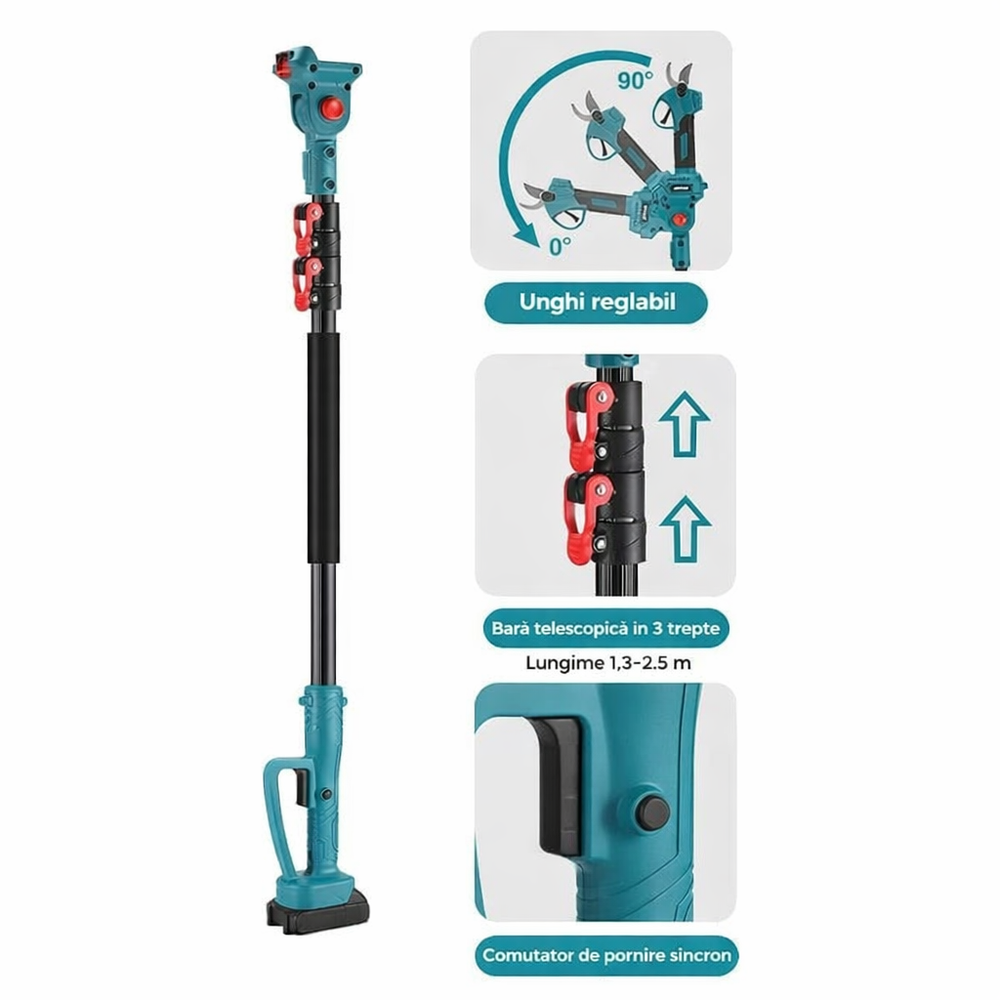 Set Foarfeca de Gradina si Mini Drujba Profesionala, 2 Acumulatori 48V, Lama 16 cm, Brat Telescopic 2.13 M PromotiiZilnice