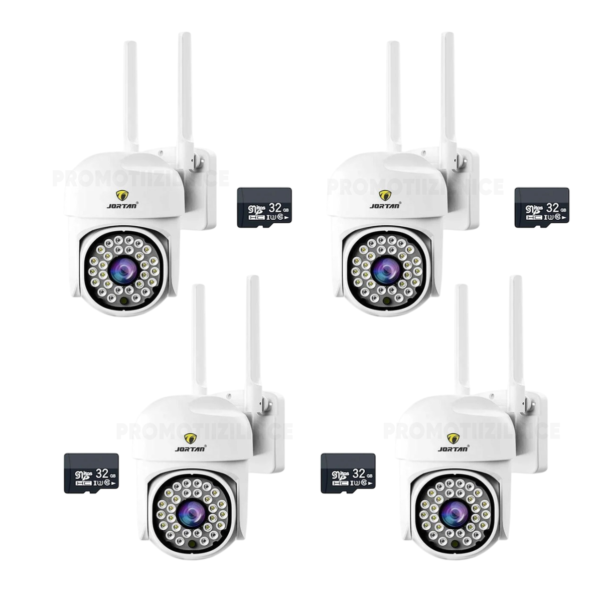 Set 4 Camere Supraveghere WIFI Jortan + 4 Carduri 32GB, 360° Rotire, Detectie Umana, Vedere Noapte Color, Sirena, IP66 - PromotiiZilnice