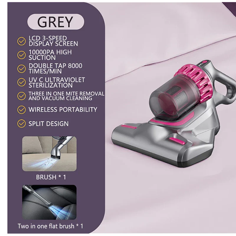 Aspirator de pat anti-acarieni, wireless, igienizare profunda, usor si manevrabil, 10000Pa, cu 8000 de vibratii pe minut, Violet PromotiiZilnice