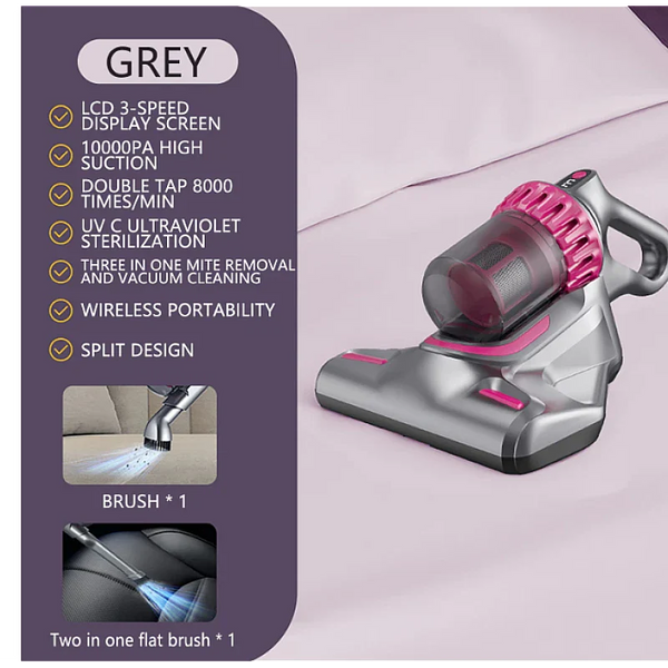 Aspirator de pat anti-acarieni, wireless, igienizare profunda, usor si manevrabil, 10000Pa, cu 8000 de vibratii pe minut, Violet PromotiiZilnice