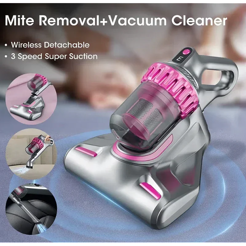 Aspirator de pat anti-acarieni, wireless, igienizare profunda, usor si manevrabil, 10000Pa, cu 8000 de vibratii pe minut, Violet PromotiiZilnice