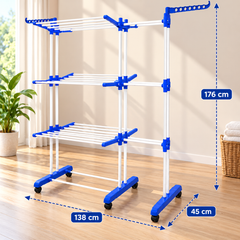 Uscător de Rufe Vertical Dublu cu 3 Niveluri, Pliabil, cu Roți și Suporturi pentru Umerașe, Cadru Metalic Alb, 176 × 138 × 45 cm Powersale