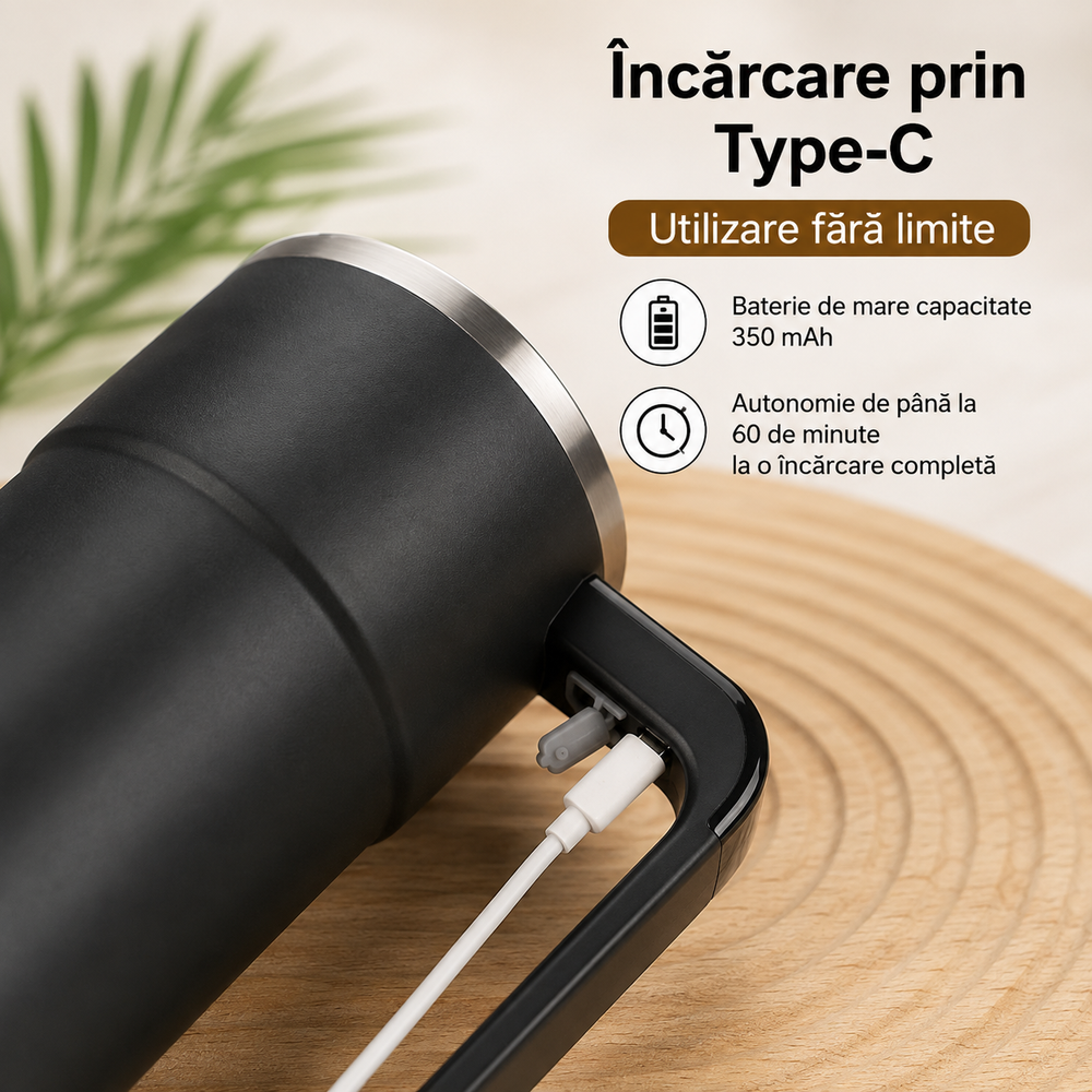 Cană Automată cu Amestecare Magnetică, Inox, Afișaj Temperatură, USB Type-C PromotiiZilnice