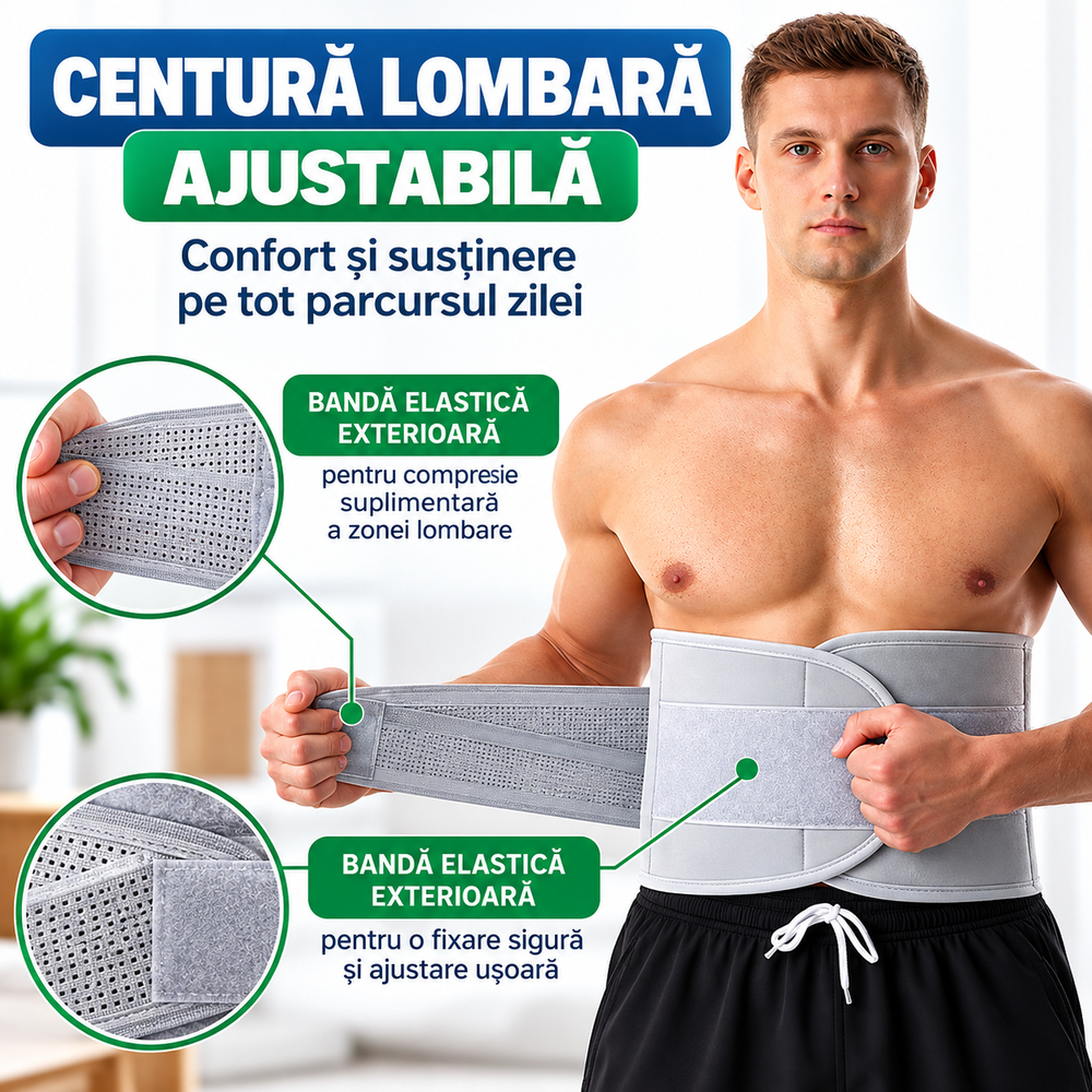 Centură Lombară Ajustabilă, Suport pentru Spate, Compresie Dublă, Material Respirabil, Fixare Velcro, Unisex, Gri BunSiPractic