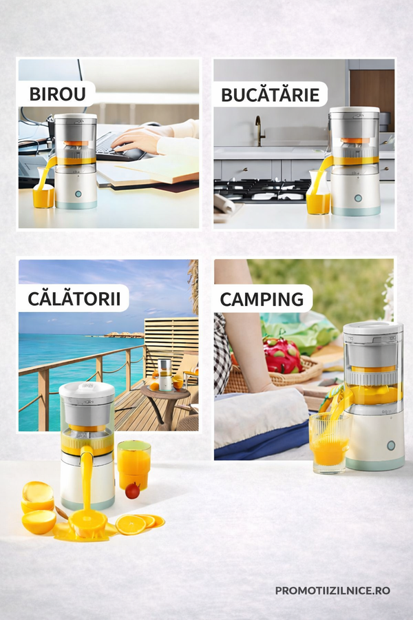 Storcător electric de citrice portabil 45W, 500ml, încărcare USB, alb/turcoaz – Suc proaspăt rapid, sistem separare pulpă PromotiiZilnice