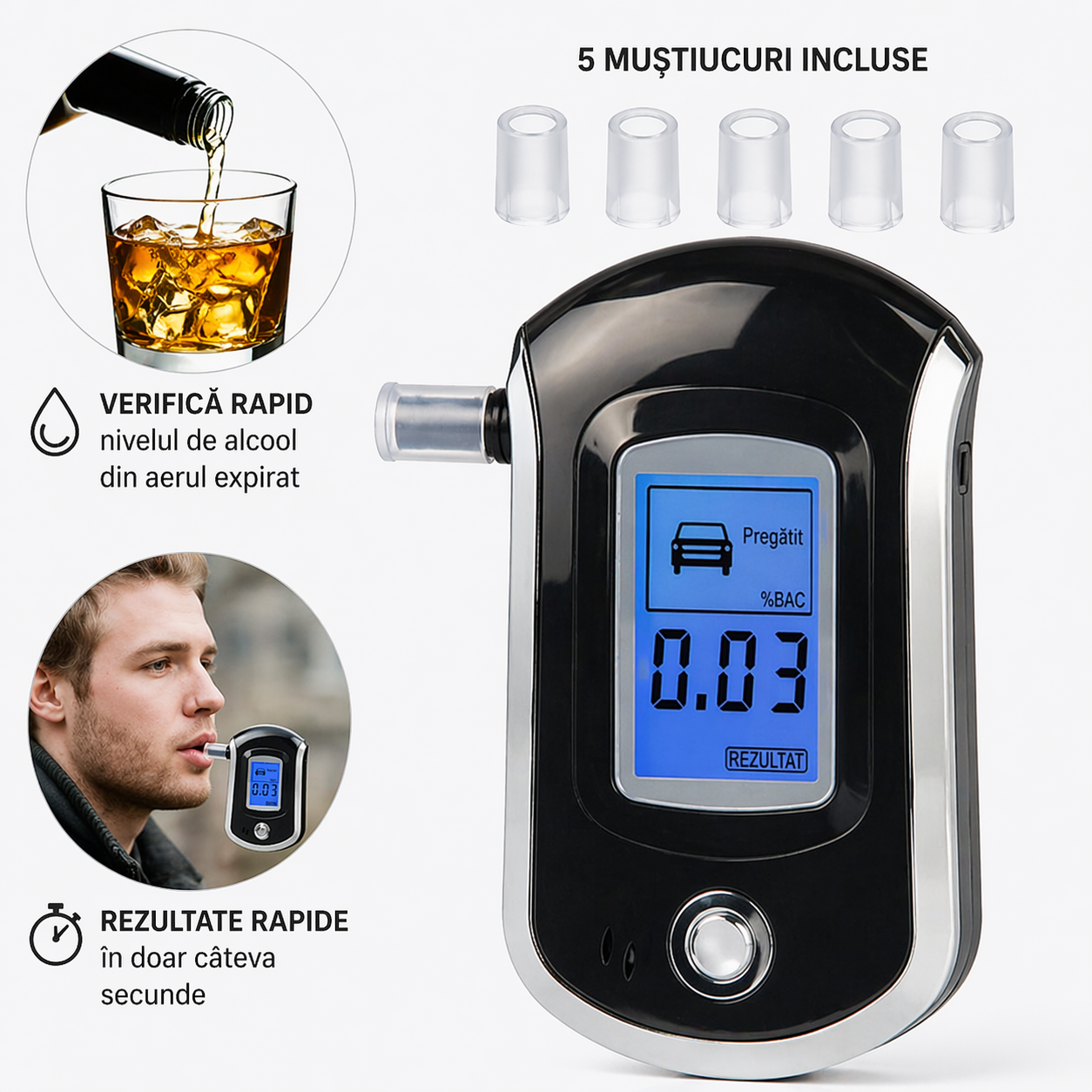 Tester Alcoolemie Digital Portabil cu 5 Muștiucuri, Afișaj LCD, Rezultate Rapide și Precise PromotiiZilnice
