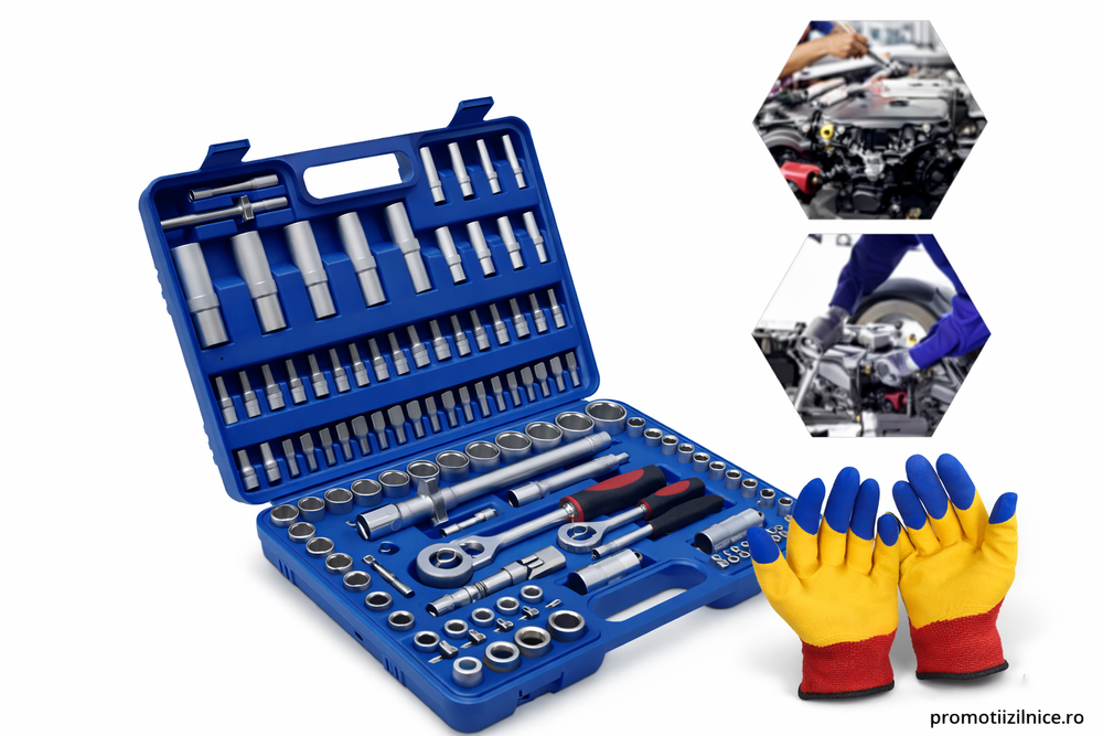 Set Chei Tubulare și Biți 108 Piese Cr-V + Mănuși de Protecție CADOU – Clichet Reversibil, Trusă Profesională Auto & Uz Casnic PromotiiZilnice