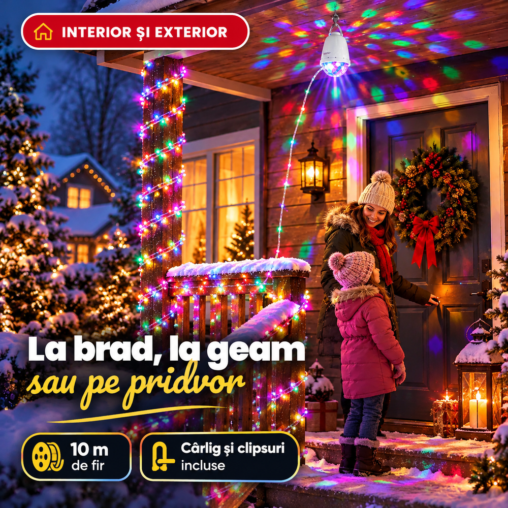 Instalație LED de Crăciun cu Clopoțel Luminos pentru Vârful Bradului, 10 m, Glob de Cristal, Telecomandă, 8 Moduri de Iluminare, Multicolor Powersale