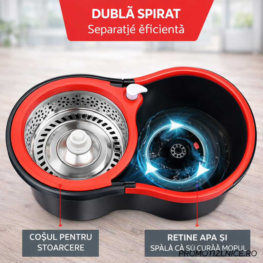 Set Mop Rotativ cu Găleată 360°, Mâner Inox + 5 Rezerve Cadou PromotiiZilnice