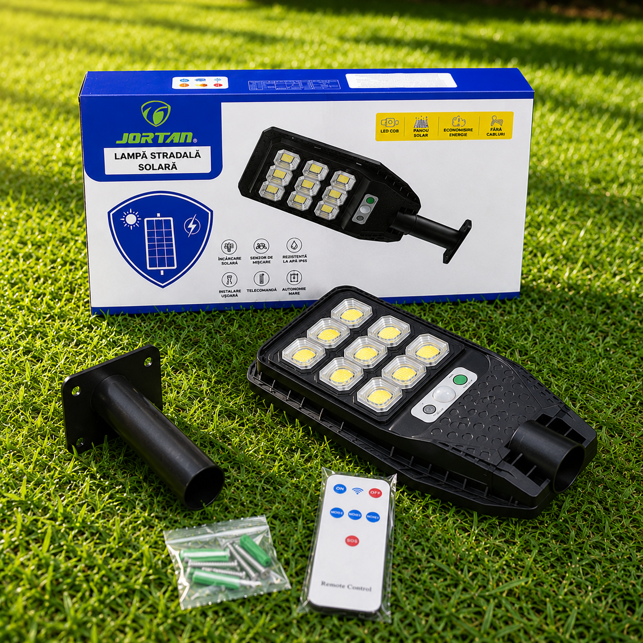 Set 2 x Lampa Solara Stradala JORTAN 100W, 9 Cadrane LED COB, Senzor de Miscare, Telecomanda, IP66, 6500K, Iluminat Exterior Curte si Gradina PromotiiZilnice