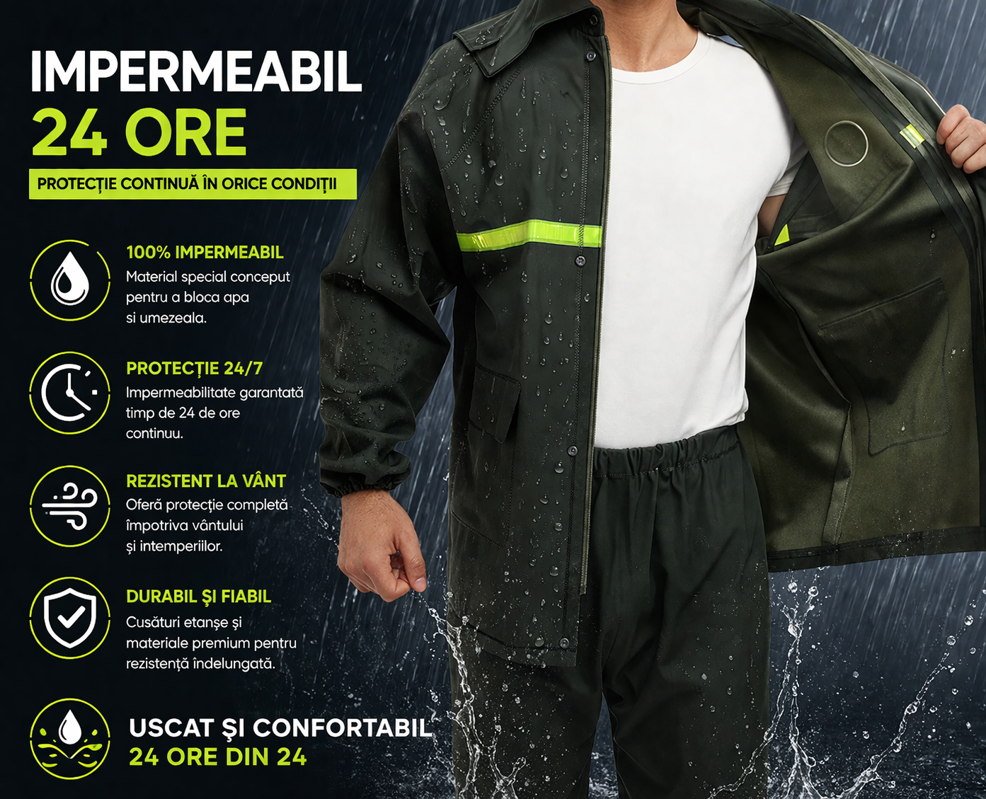 Costum Impermeabil Ploaie Profesional, Set Geaca si Pantaloni, Cu Gluga, Respirabil, Reflectorizant, Protectie Completa Exterior-Marime Universala- Powersale