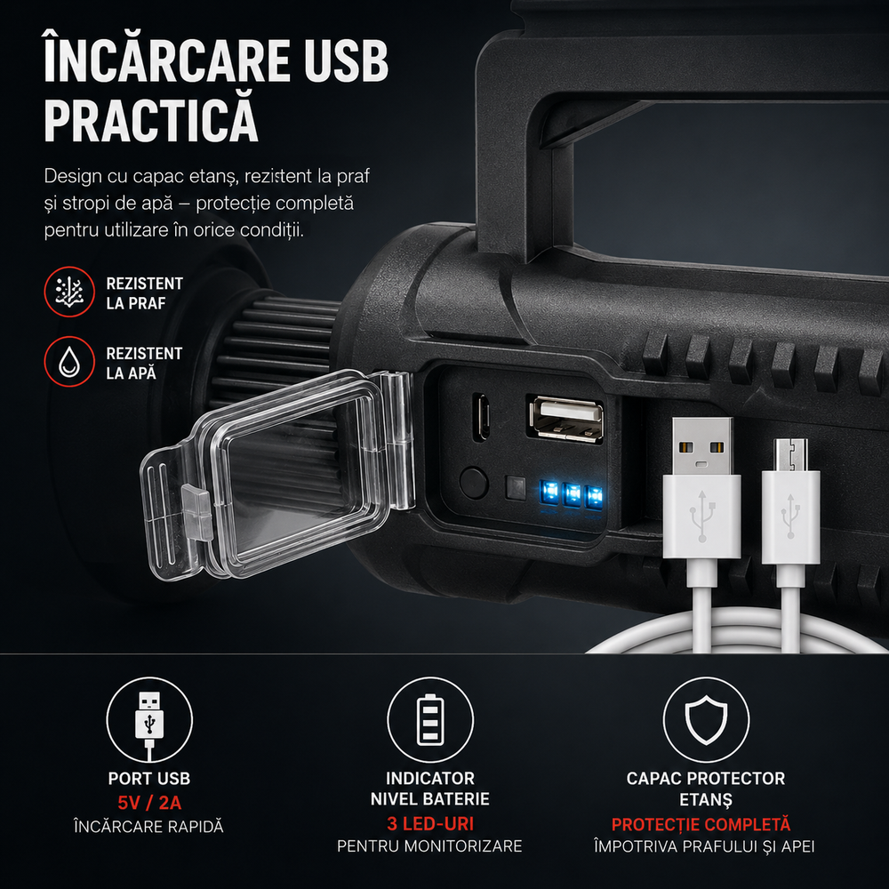 Lanterna LED Reincarcabila Profesionala 4000 Lumeni, Functie Powerbank, Trepied Inclus, 4 Moduri Iluminare, USB, Raza Mare de Actiune, Negru PromotiiZilnice