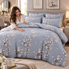Lenjerie de Pat din Finet, 4 Piese, Model Floral, Gri Powersale