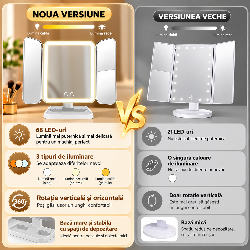 Oglindă Cosmetică LED Pliabilă cu Mărire, 3 Tipuri de Lumină, Intensitate Reglabilă, Control Touch, Suport Rotativ, Albă PromotiiZilnice