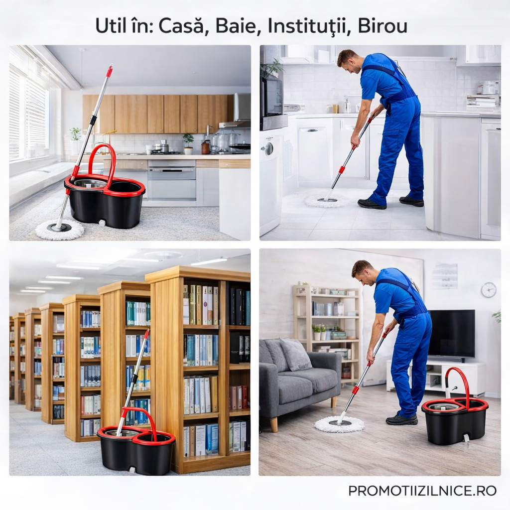 Set Mop Rotativ cu Găleată 360°, Mâner Inox + 5 Rezerve Cadou PromotiiZilnice