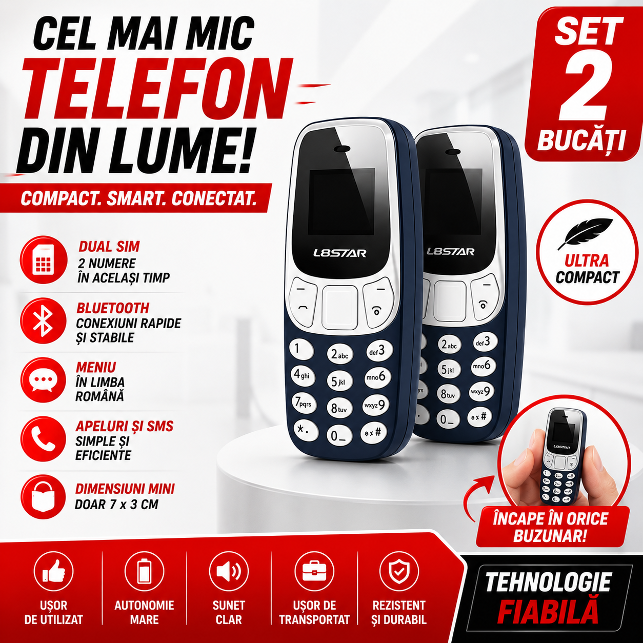 Set 2 x Mini Telefon Pocket Plus, Dual SIM, Bluetooth, Ultra Compact, Telefon de Buzunar cu Tastatura Fizica Powersale