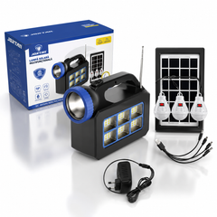Kit Solar Portabil JORTAN T08 cu 3 Becuri LED, Panou Solar, Radio FM, Bluetooth si Powerbank 25000mAh – Sistem Iluminare Camping si Urgente PromotiiZilnice