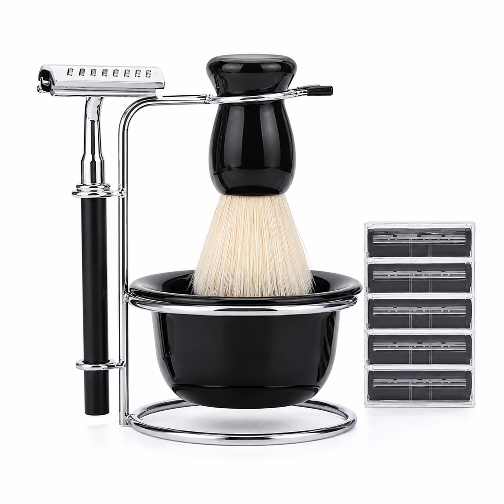 Set Bărbierit cu Perie, Suport Inox și Bol pentru Spumă – 4 Piese Powersale