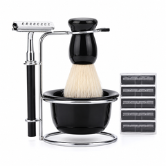 Set Bărbierit cu Perie, Suport Inox și Bol pentru Spumă – 4 Piese Powersale