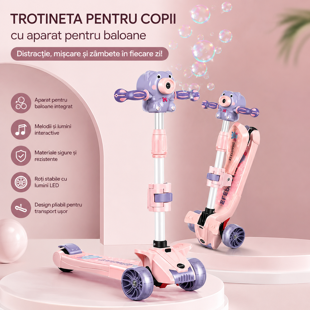 Trotineta multifunctionala copii 3 in 1 cu muzica, baloane de sapun si roti LED, pliabila, ghidon reglabil, scaun detasabil, roz-mov Powersale