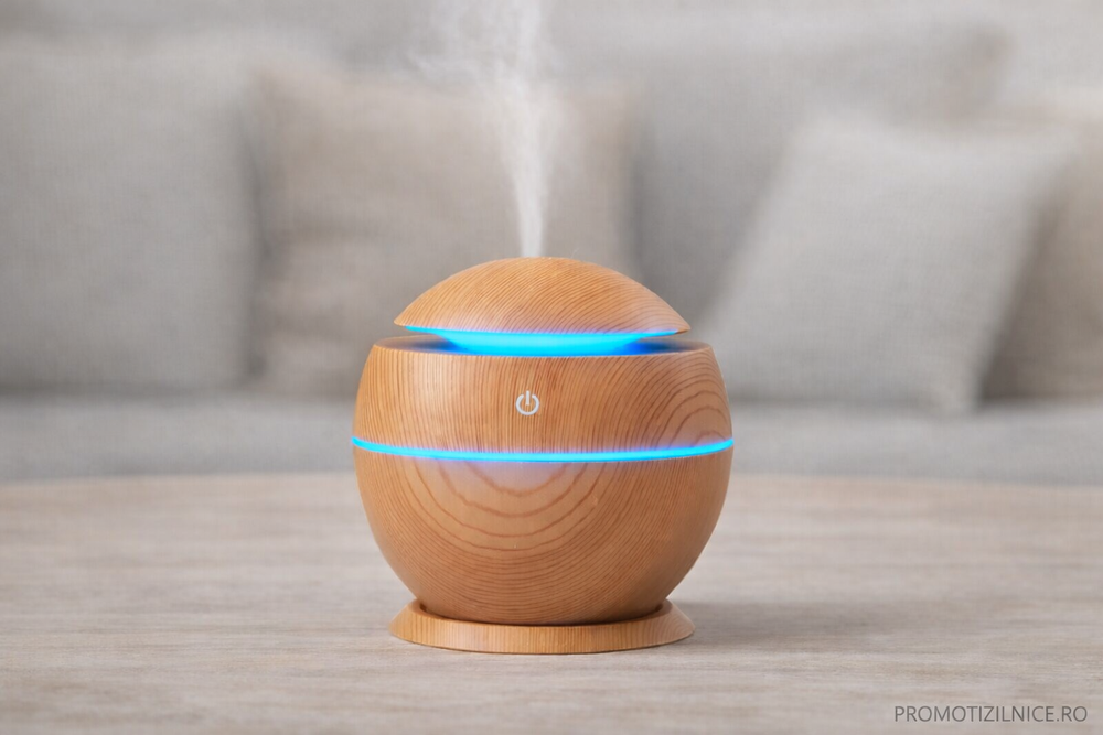 Set 2 x Umidificator si Difuzor Aromaterapie 300 ml + 6 Uleiuri Esentiale, 7 Culori LED Ambientale, Design Lemn PromotiiZilnice