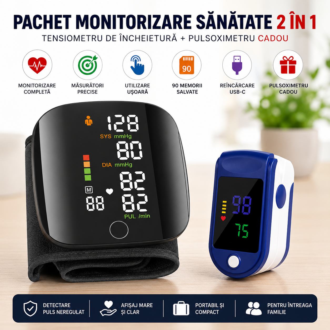 Pachet Monitorizare Sanatate 2 in 1 – Tensiometru Digital de Incheietura + Pulsoximetru OLED Cadou PromotiiZilnice