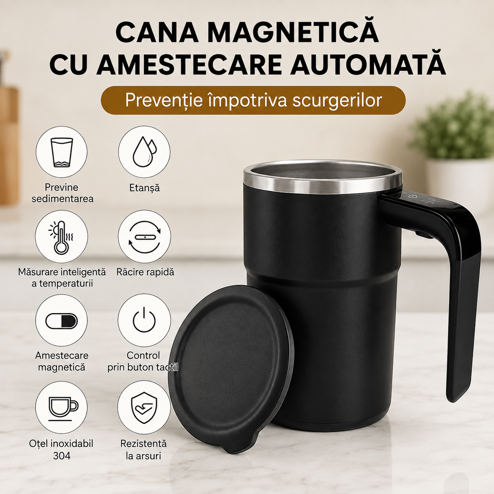 Cană Automată cu Amestecare Magnetică, Inox, Afișaj Temperatură, USB Type-C PromotiiZilnice