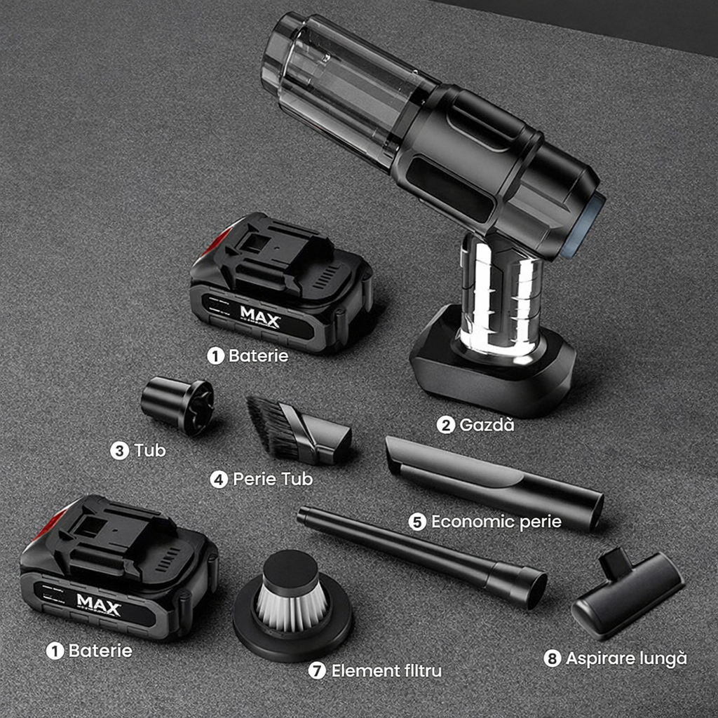 Aspirator Auto 6 in 1 Fara Fir, pentru Casa, Masina, Calculator, Birou, Putere 100W, Eficienta Mare, Functii de Aspirare, Suflare, Vidare, Filtru HEPA, Perie Detailing, Negru PromotiiZilnice