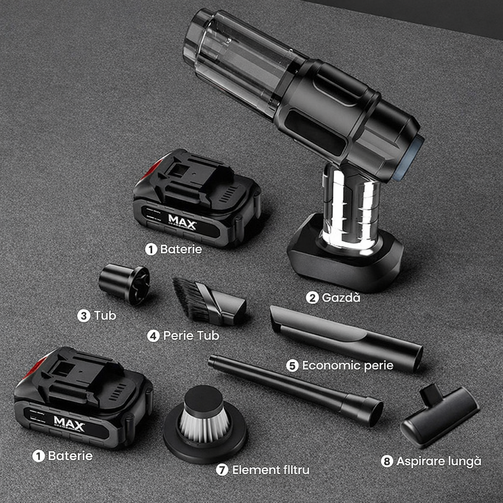 Aspirator Auto 6 in 1 Fara Fir, pentru Casa, Masina, Calculator, Birou, Putere 100W, Eficienta Mare, Functii de Aspirare, Suflare, Vidare, Filtru HEPA, Perie Detailing, Negru PromotiiZilnice