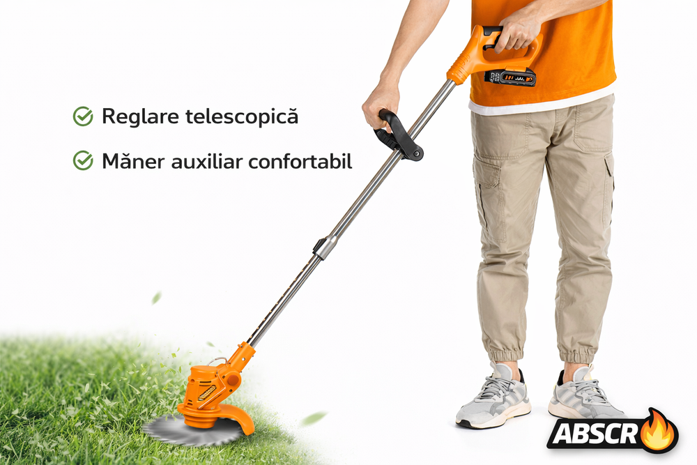 Motocoasă Electrică cu 2 Acumulatori 48V 4000 mAh, 18000 RPM, cu Roți Detasabile, Disc + 2 Lame + 5 Palete Incluse – Trimmer Profesional Iarbă și Buruieni BoomSale